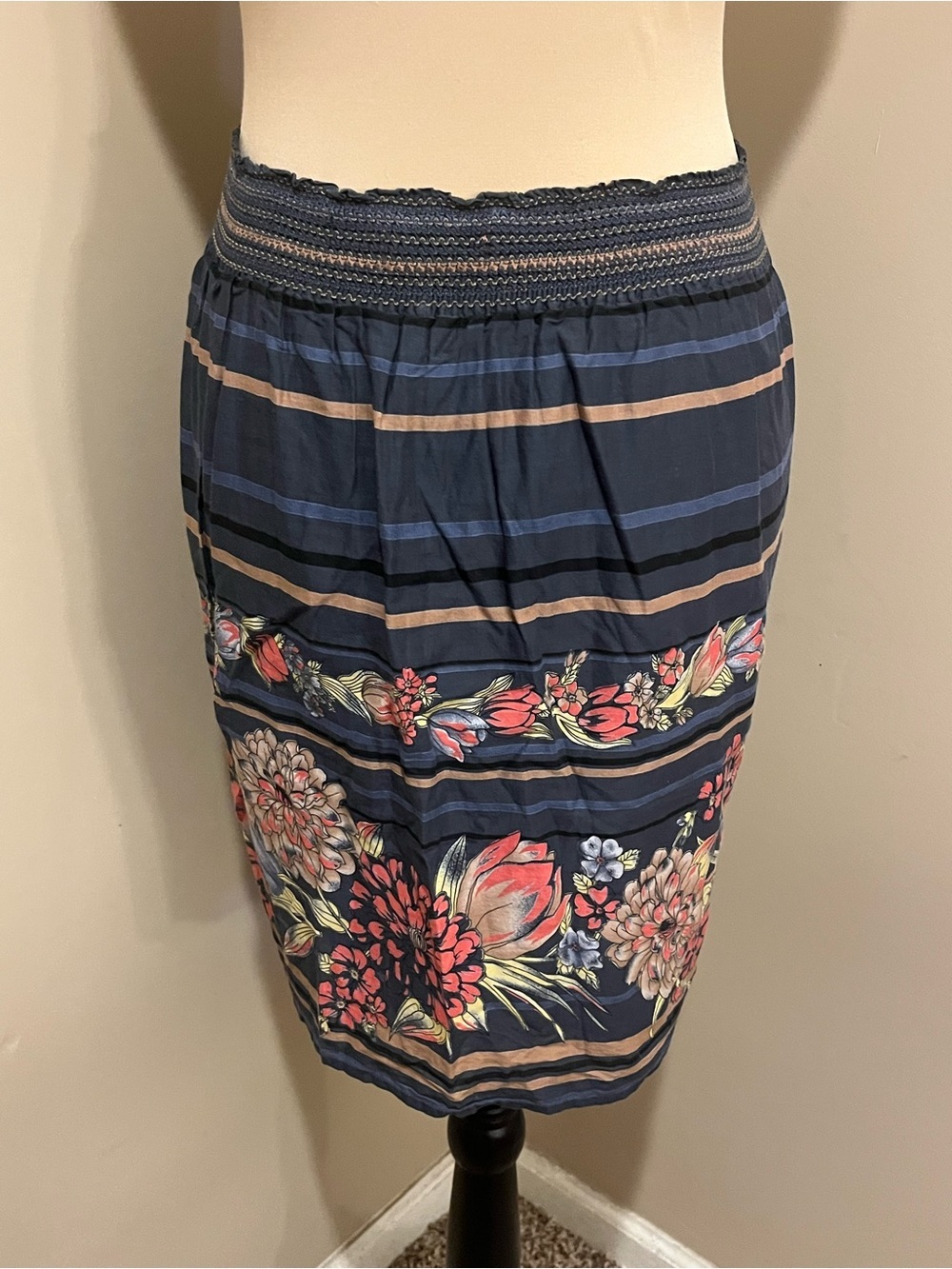 Lux Navy Striped Midi Skirt with Coral Floral Border